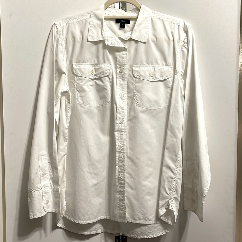 White Cotton Collared Button-Down J.Crew Top (“Boyfriend Utility Shirt”)